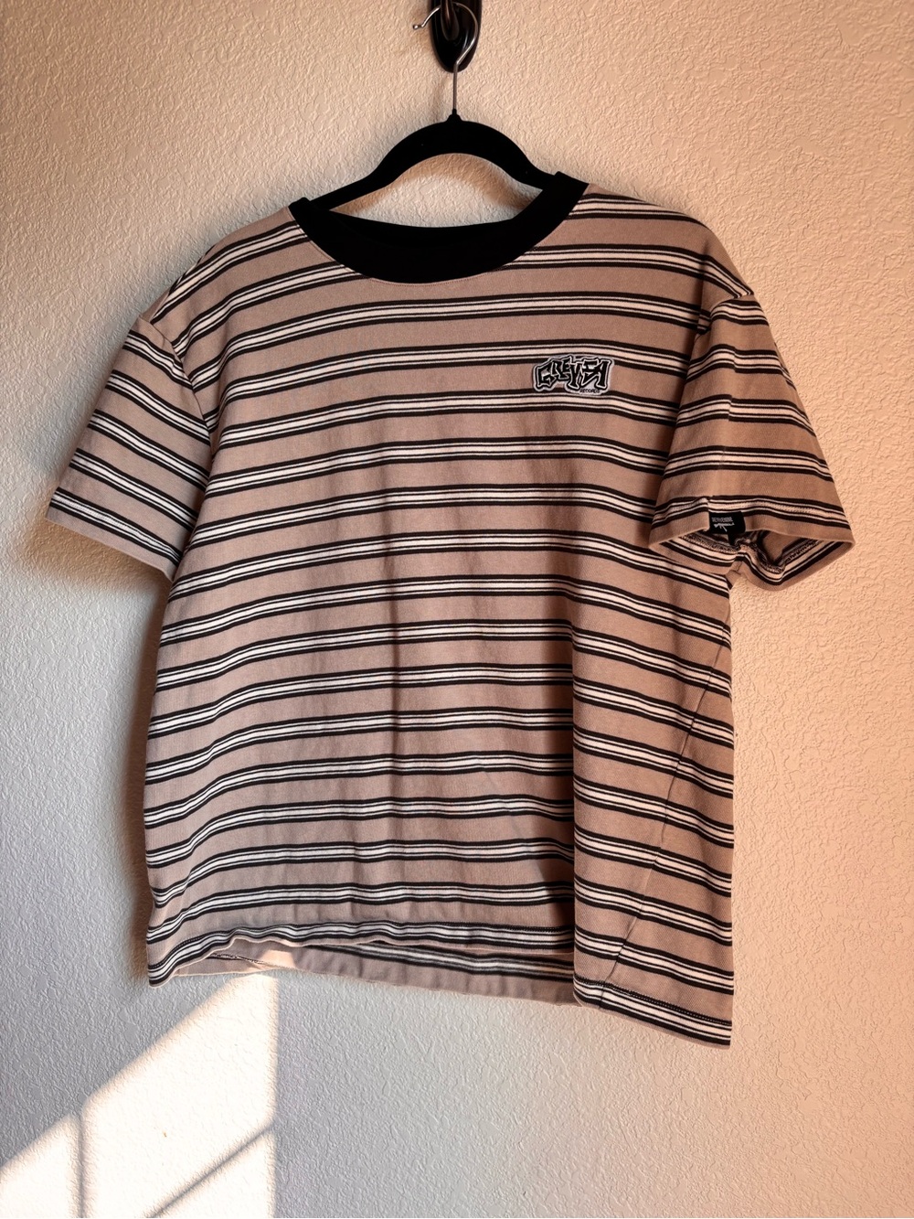 Grey54records Striped Crewneck Tee in Beige and Black - Unbranded
